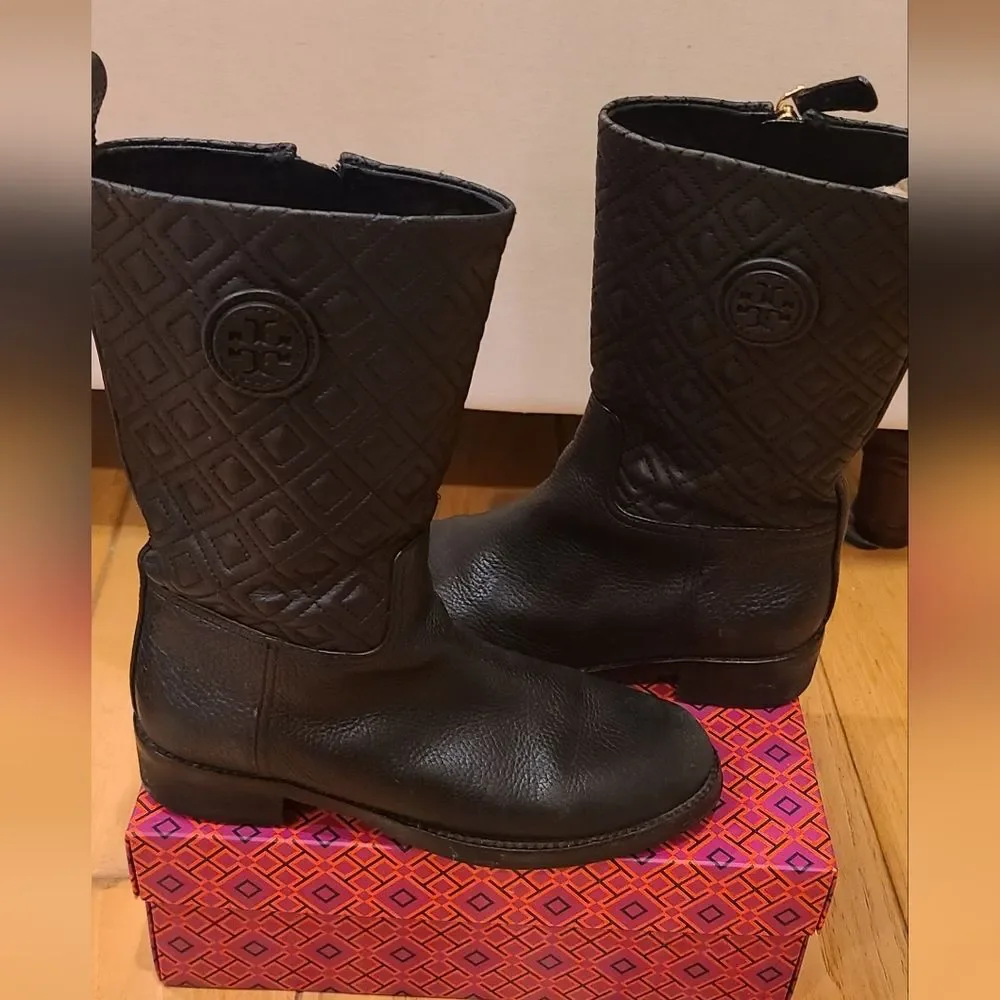 Tory Burch Designer Marion Black Leather Quilted Riding Boots 7